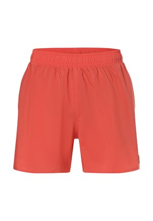 Bañadores de hombre en un coral brillante, hechos de una tela ligera. Cuentan con una cinturilla elástica y una textura suave, sin patrones visibles.