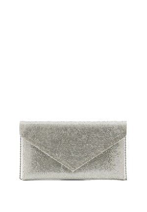 Poșetă tip clutch argintie, acoperită cu mici strasuri strălucitoare, dotată cu o curea de umăr detașabilă.