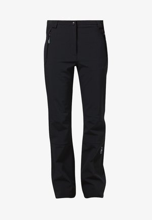 Mustad mustekas softshell väljasoe püksid, millel on lukuga küljetaskud ja väike logo paremal all jalas.