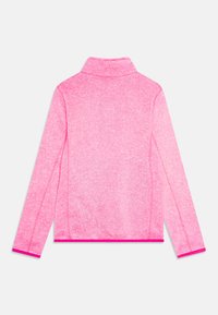 Pink pullover with a high collar, made of textured fabric. Features contrasting pink trim at the hem and cuffs, showcasing a heathered appearance.