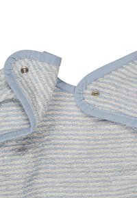 Blue and light gray textile with a textured surface, featuring rounded edges and snap fasteners along the trim.