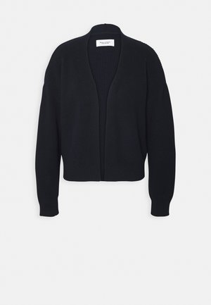 Cardigan noir en maille à ouverture frontale, manches longues et poignets côtelés, avec une étiquette à l'intérieur du col.