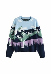 Neulepaita vaaleansinisessä värissä, jossa on vuori- ja metsämalleja. Varustettu tummansinisillä ribbauslahkeilla ja helman resorilla, pehmeä tekstuuri ja värikäs muotoilu.
