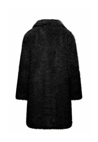 Cappotto in pelliccia sintetica nera con una finitura morbida e testurizzata, caratterizzato da un colletto a rever e maniche a 3/4, progettato in una silhouette over size.