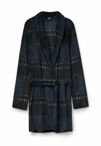 Marinblå rutigt badrock i mjukt, strukturerat material. Har sjalkrage, långa ärmar och ett matchande bälte.