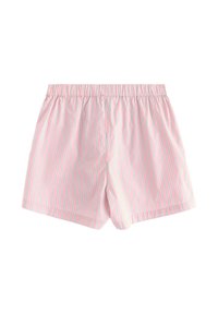 Lyserøde shorts med lodrette striber i blå og grøn, elastisk talje og en afslappet pasform uden yderligere accenter eller detaljer.