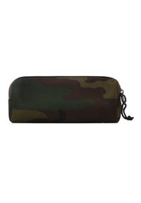 Astuccio camouflage di forma cilindrica, realizzato in tessuto resistente, con chiusura a zip e cordino per facilitarne il trasporto.
