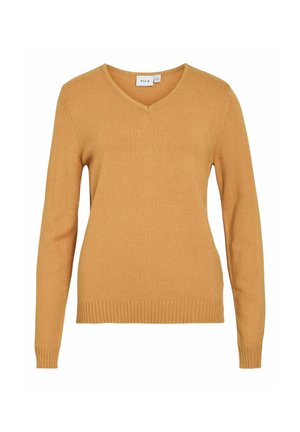 Hořčicově žlutý pletený svetr s dlouhými rukávy a výstřihem do V, s žebrovanými manžetami a lemem, zobrazený na bílém pozadí.