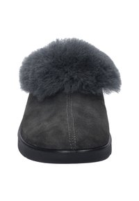 Gray suede slipper with a fluffy gray fur collar, round toe, and a flat black rubber sole, featuring stitched detailing along the front.