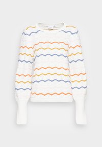 Weißer Pullover mit wellenförmigen, strukturierten Mustern in Orange, Gelb, Pink und Blau. Verfügt über lange Ärmel und einen runden Halsausschnitt.