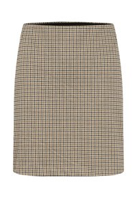 Jupe mini à carreaux dans les tons marron, crème et noir. Design ajusté avec une coupe droite, tissu texturé et finition à l'ourlet. Aucun matériel visible.
