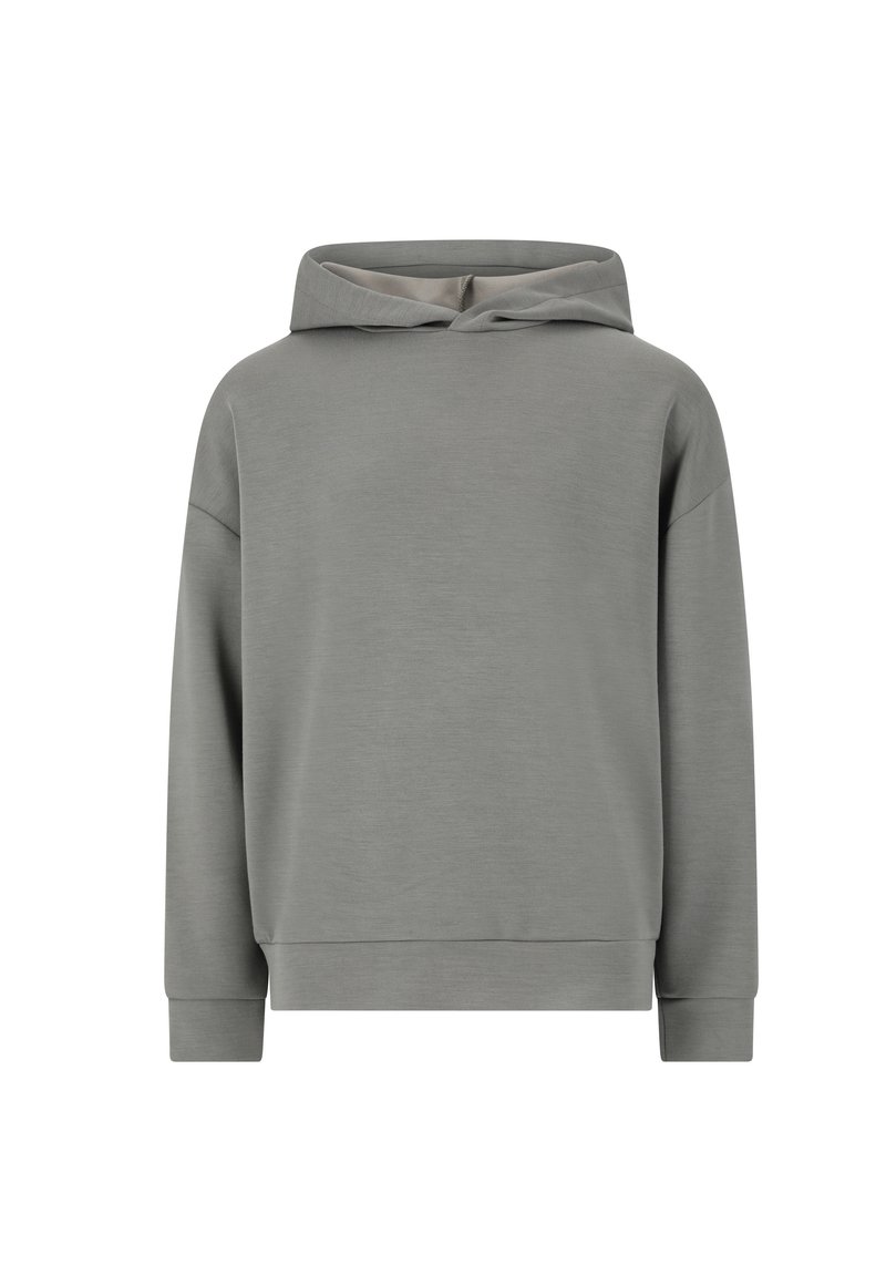 Grå hætte sweatshirt med lange ærmer, lavet af glat stof, med et enkelt design og ribbede manchetter og kant. Ingen mønstre eller accenter.