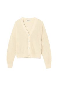 Cardigan en maille beige clair avec un décolleté en V profond, des manches longues, des poignets côtelés et cinq boutons sur le devant. Coupe courte.