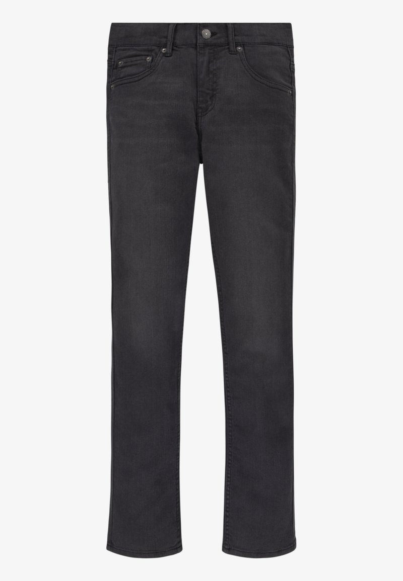 Jeans de mezclilla negra con corte recto, diseño de cinco bolsillos, sutiles detalles de costura y cierre de botón de metal en la cintura.
