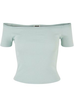 Top verde menta a spalle scoperte con maniche corte, design aderente e texture liscia. Etichetta visibile sul collo.
