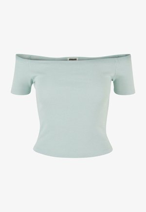 Miętowa bluzka z odkrytymi ramionami, prążkowana, z krótkimi rękawami, dopasowana, o gładkiej strukturze. Metka widoczna przy dekolcie.