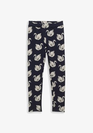 Marineblaue Leggings mit einem ganzen Schwannenmuster in Creme. Glatte Textur, elastischer Bund, taillierte Form. Geeignet für den Freizeitbereich.