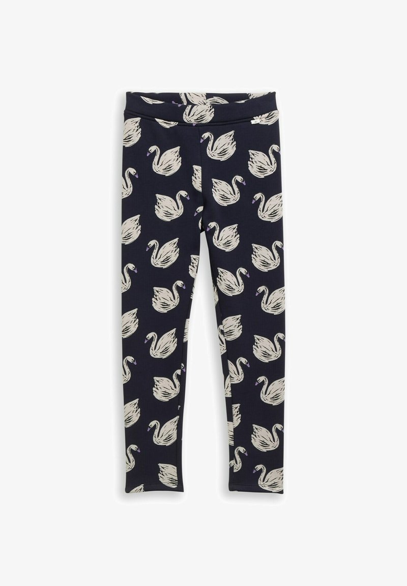 Marineblauwe leggings met een volledige zwanenpatroon in crèmekleur. Gladde textuur, elastische tailleband, aansluitende pasvorm. Geschikt voor casual gebruik.