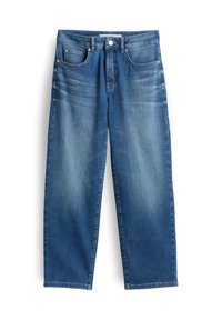 Blauwe denim spijkerbroek met een recht gesneden ontwerp, vijf zakken en lichte vervaging op de dijen. Beschikt over een knoopsluiting en riemlussen.