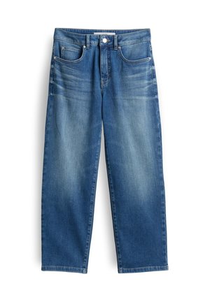Blue denim jeans with a straight leg design, five pockets, and slight fading on the thighs. Features a button closure and belt loops.