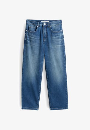 Jeans in denim blu con design a gamba dritta, cinque tasche e leggero scolorimento sulle cosce. Presentano una chiusura con bottone e passanti per la cintura.