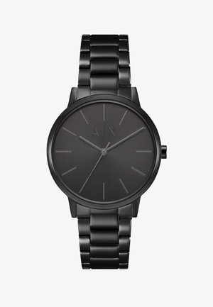 Montre-bracelet en acier inoxydable noir avec cadran minimaliste, index fins, trois aiguilles et logo "A | X" à la position 12 heures.