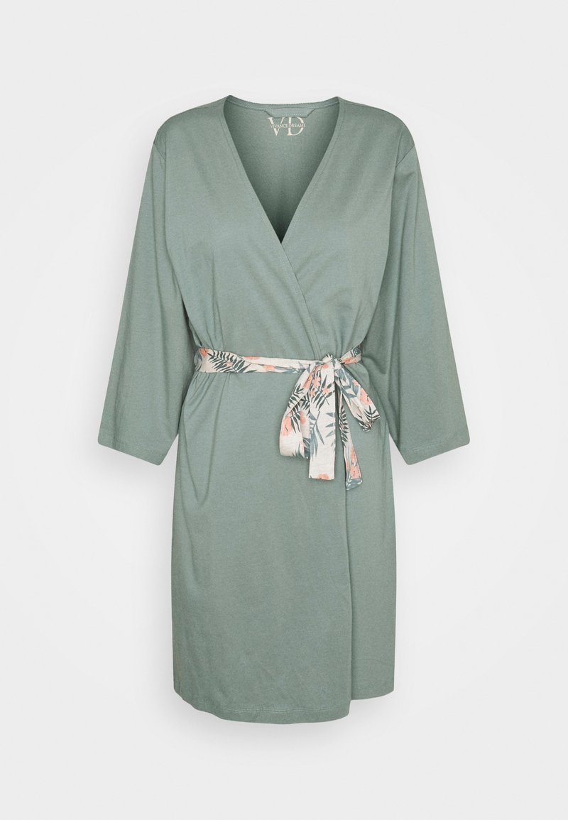 Green wrap dress with a v-neck and three-quarter sleeves. Features a floral-patterned belt tied at the waist. Soft texture.