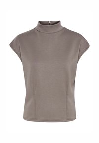 Top corto a maniche corte color taupe con collo alto e zip sul retro. Tessuto liscio con una sottile texture e cuciture laterali per un aspetto sartoriale.