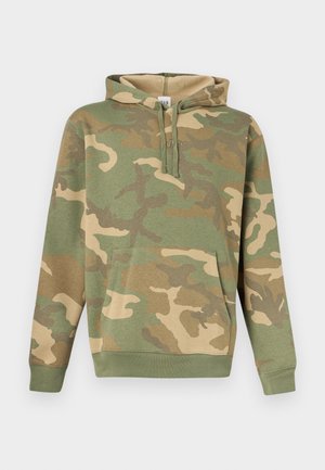 Rohelise ja beežika kamuflaažitrükiga kapuutsiga dressipluus esikülje kängurutasku ja nööriga kapuutsiga.