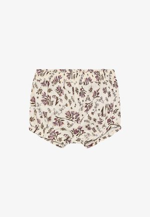Pantalones cortos florales con una tela color crema claro con un estampado floral en tonos rosas y marrones, cintura elástica y aberturas de pierna fruncidas.