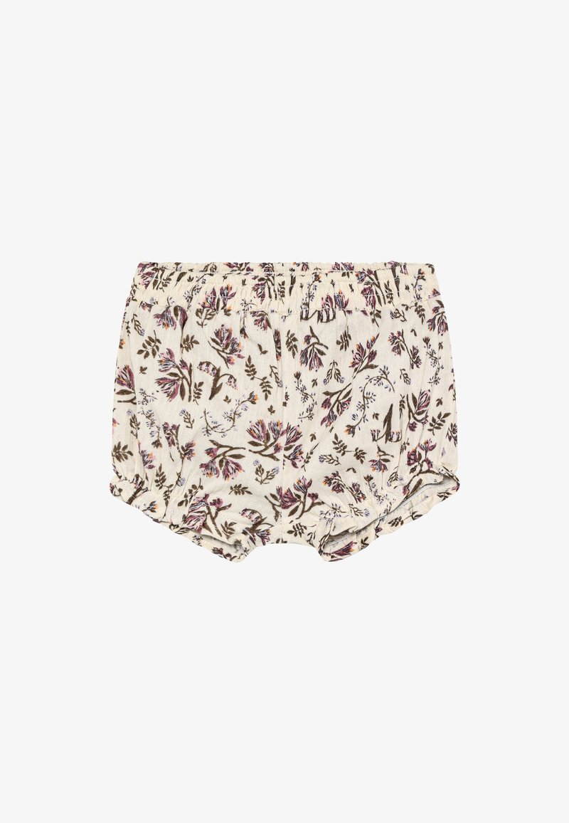 Blomstrede bloomers lavet af lyst cremefarvet stof med et pink og brunt blomsterprint, elastik i taljen og sammenrynkede benåbninger.
