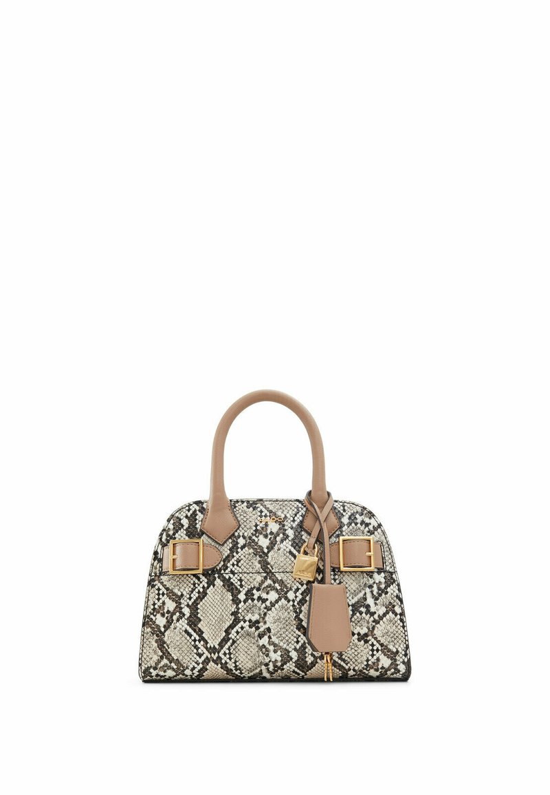 Sac à main imprimé serpent avec une forme structurée, accents beige, deux anses supérieures et quincaillerie dorée. Présente un détail de verrou et une fermeture éclair.