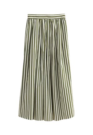 Lange geplooide rok met verticale olijfgroene en witte strepen en een elastische tailleband.