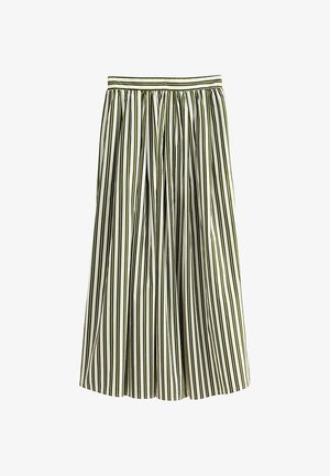 Długa plisowana spódnica z pionowymi oliwkowo-zielonymi i białymi paskami oraz elastycznym paskiem w talii.