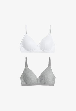 Twee beha's in verticale positie: één witte en één grijze. Beide hebben driehoekige cups, dunne verstelbare bandjes en zachte stoffen texturen.