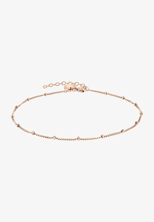 Roségold Fußkette mit einer zarten Kette und kleinen runden Perlen. Enthält einen Karabinerverschluss und eine verstellbare Länge.