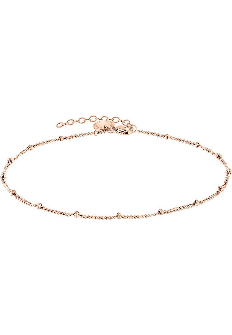 Cavigliera in oro rosa con una delicata catena decorata da piccole perline tonde. Include un gancio a molla e una lunghezza regolabile.