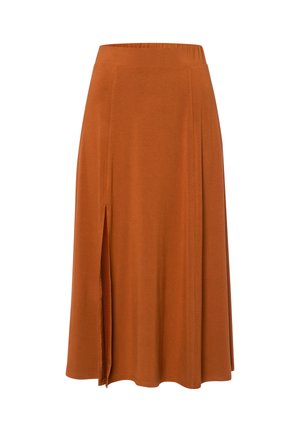 Une jupe marron jusqu'aux genoux en tissu doux avec un léger éclat, dotée d'une fente sur le côté et d'une ceinture élastique pour plus de confort.