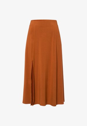 Ein brauner knielanger Rock aus weichem Stoff mit einem leichten Glanz, der einen seitlichen Schlitz und einen elastischen Bund für mehr Komfort aufweist.