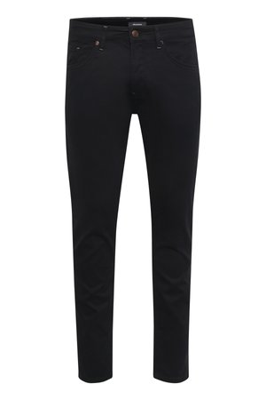 Čierne denimové džínsy so slim fit strihom, dizajnom s piatimi vreckami a kontrastnými hnedými gombíkmi. Majú hladkú textúru a minimalistický štýl.