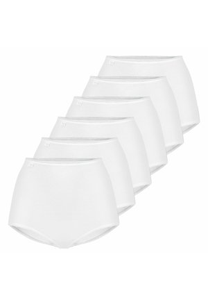 Six pairs of plain white high-waist briefs stacked diagonally, showing elastic waistbands and seamless edges.