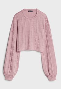 Maglione corto rosa chiaro con una texture a coste, ampia maniche a palloncino e scollatura tonda. Presenta un motivo a trecce su tutta la superficie.