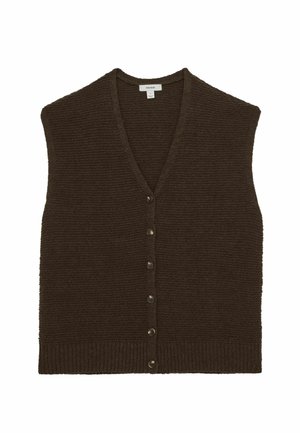 Bruine mouwloze cardigan in een gestructureerde brei met een diepe V-hals en zes knoopsluitingen aan de voorkant, geribbelde zoom aan de onderkant.