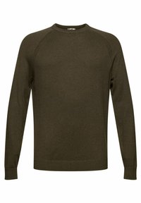 Pull à col rond vert foncé à manches longues avec poignets et ourlet côtelés, manches raglan et texture en tricot uni.