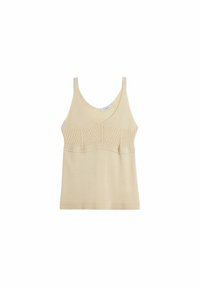 Beige neulottu hihaton paita, jossa on V-pääntie. Rinnassa on teksturoitu ribbikuvio ja sileä alahelma.