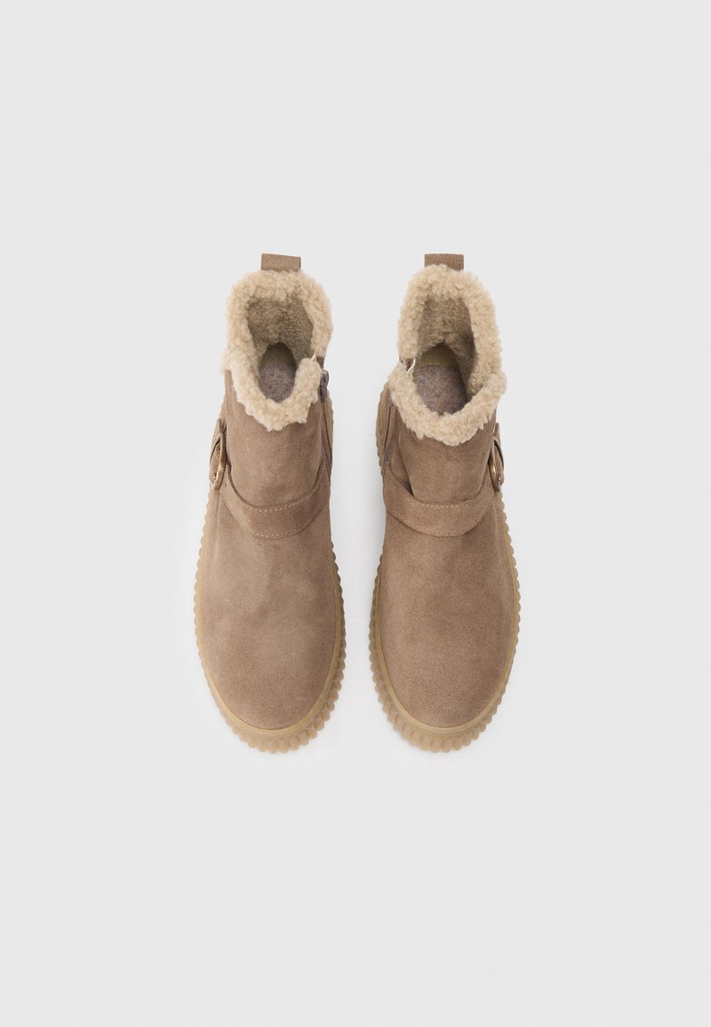 Botines de ante marrón con forro de piel sintética texturizada, una correa lateral con detalle de hebilla y suela de goma estriada.