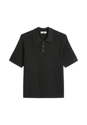 Polo en maille noir à manches courtes avec un motif texturé, des poignets côtelés, une patte à trois boutons et un col plié.