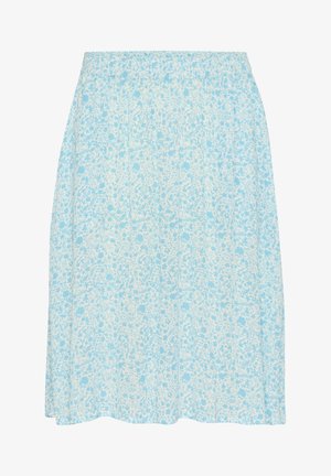 Svetlo modra krilna oblika s cvetličnim vzorcem in elastičnim pasom, dolžine do kolen, izdelana iz mehkega materiala, ki vsebuje subtilen vzorec majhnih cvetov in listov.