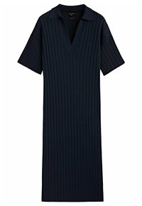 Navy blue, short-sleeved dress with a V-neck and vertical ribbed pattern, made from a textured fabric. Knee-length design.