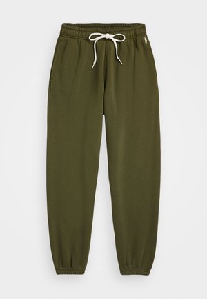 Joggingbukser i olivengrøn med hvid snor, elastisk taljebånd og manchetter samt sidelommer, vist på hvid baggrund.